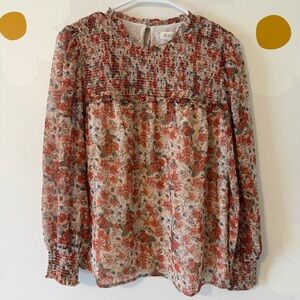 NWT  Roolee Smocked Balloon Sleeve Blouse Cream and Rust Floral